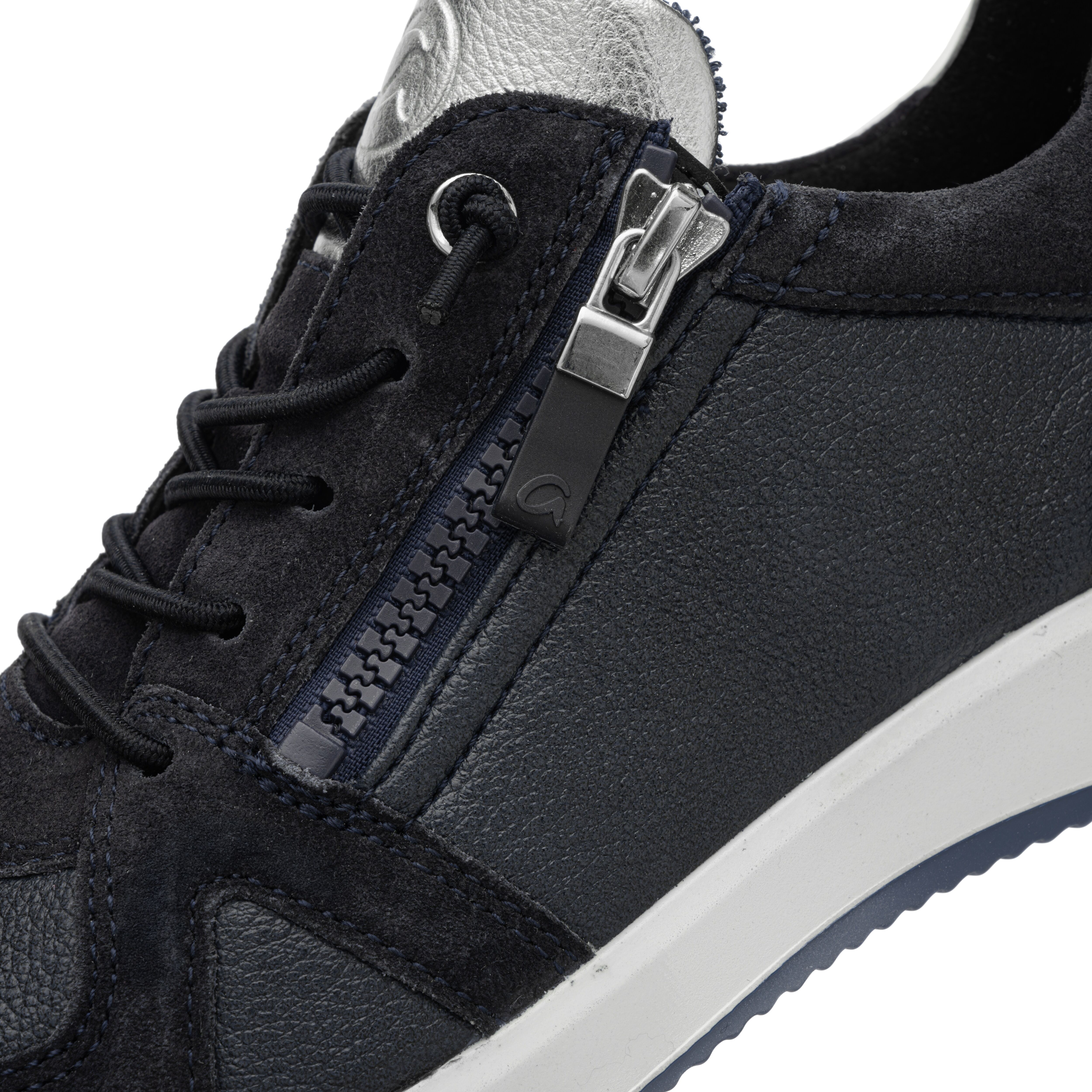 Slip-On Sneaker ARA "ROMA", Damen, Gr. 9 (43), atmungsaktiv, blau (dunkelblau, silberfarben), Textil, Veloursleder, kontrastfarbene Details, Schuhe Slip-On Sneaker, Freizeitschuh, Halbschuh, Schnürschuh mit Logoprägung dunkelblau, silberfarben 9 (43), atm