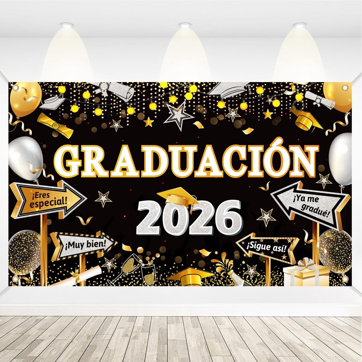 Cosensi Afstudeerbanner 2024 Photocall Decoratie Backdrop Zwart Goud Zilver B: 110 cm, H: 185 cm