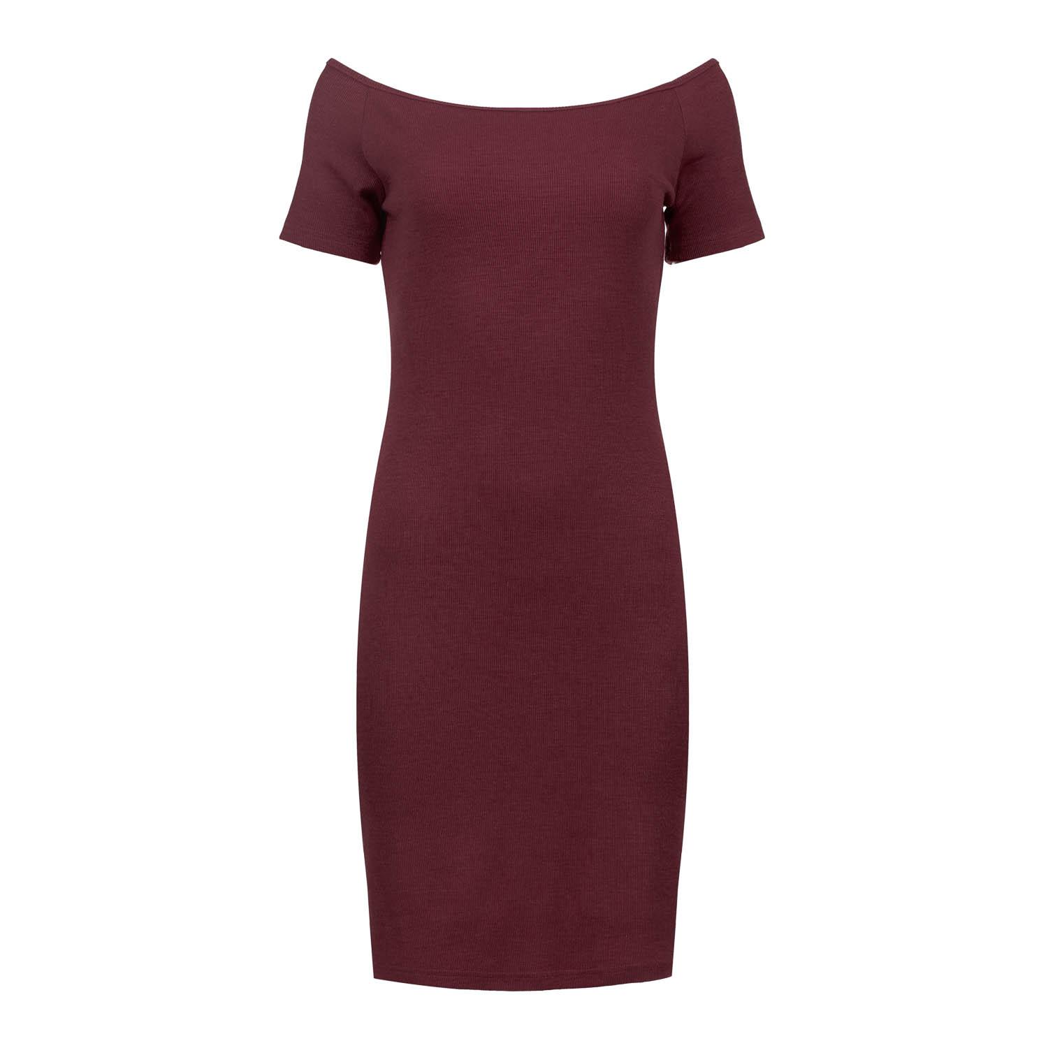 Reiches burgunderfarbenes schulterfreies, eng anliegendes Kleid