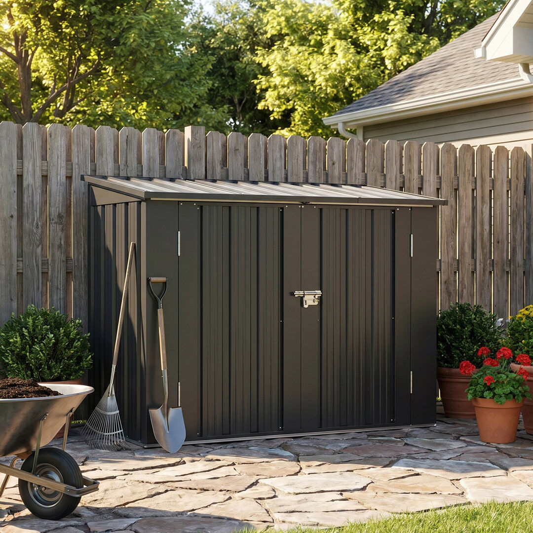 Blue Elephant Galvanized Steel Horizontal Garbage Shed With Floor Kit Black 121.9 cm W × 61 cm D