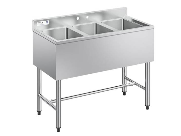 VEVOR Spülbecken mit 3 Becken & 2 Abtropfflächen & Spritzschutz, Küchenspüle, Küchenspüle für Restaurants Imbisswagen Privaten Gebrauch, Edelstahlspüle Silber (978 x 470 x 838 mm)