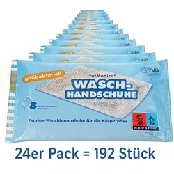 ZVG zetMedica Feuchte Waschhandschuhe, 24er PACK , Parfümfrei, pH-neutral, 192 Stück, Einzeln Verpackt, Gebrauchsfertig (ANTIBAKTERIELL, 24er Pack)