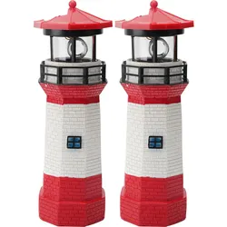 2er-Set Solar-Deko-Leuchtturm mit rotierendem Reflektor: Stimmungsvolle LED-Gartenlaterne (rot-weiss) mit Lichtsensor für maritime Atmosphäre