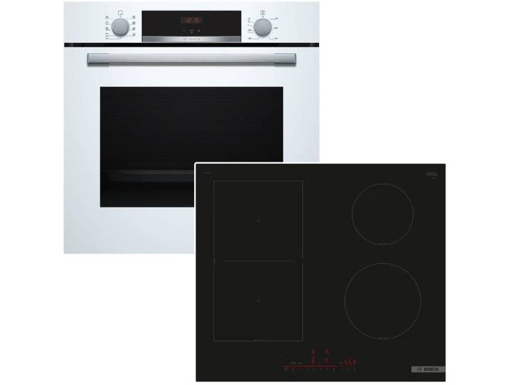 BOSCH Backofen-Set weiß 3D-Heißluft + Induktionskochfeld PowerBoost HomeConnect CombiZone, Hydrolyse
