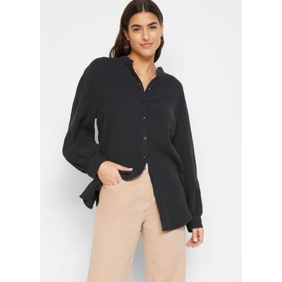 Langarmbluse BONPRIX "Musselin-Longbluse aus Baumwolle", Damen, Gr. 38, schwarz, Obermaterial: 100% Baumwolle, oversize, Blusen, Oversize-Passform, mit Seitenschlitzen, aus Musselin