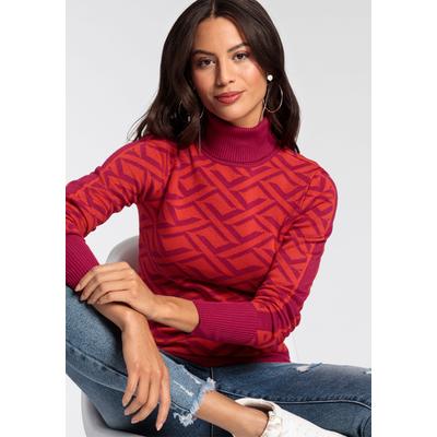 Rollkragenpullover MELROSE, Damen, Gr. 36, rot (rot, pink), Strick, Obermaterial: 70% Viskose, 30% Polyamid, Jacquardmuster, tailliert hüftlang, hoch geschlossener Ausschnitt, Rippbündchen, Pullover Rollkragenpullover, mit Jacquard-Muster
