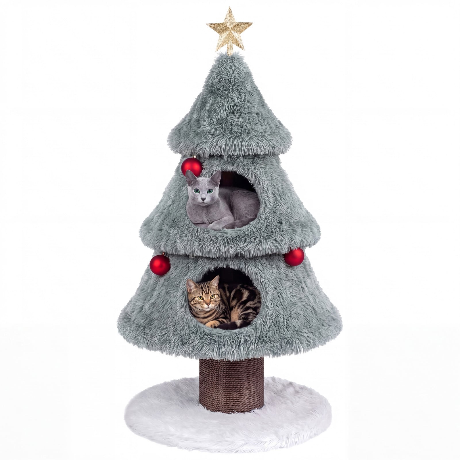 Costway Kerstboom Krabpaal voor 2 Katten met 2 Grote Huisjes en Hangende Balletjes, Groen