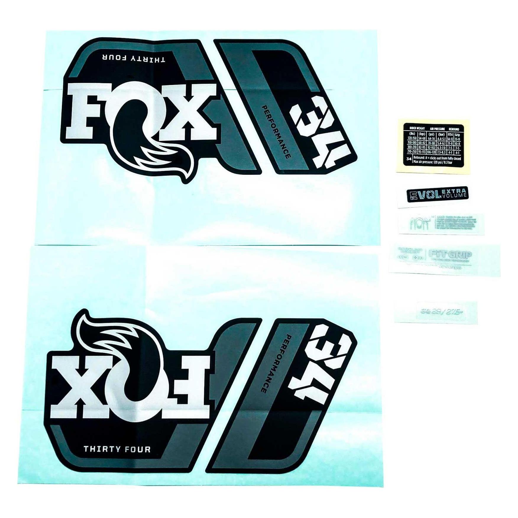 Fox Decal Kit: 2022, 34, P-S, Gray Logo, Matte Black Fork FK (803-01-724)