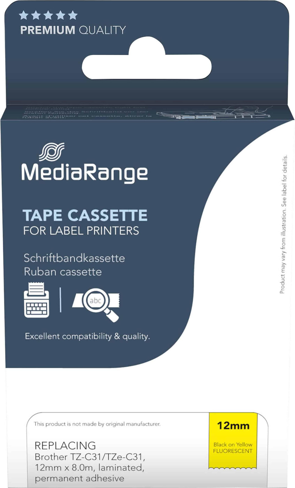 MediaRange MRBTZC31 Labelband voor Brother TZ-C31/TZe-C31, 12mm, 8m, zwart