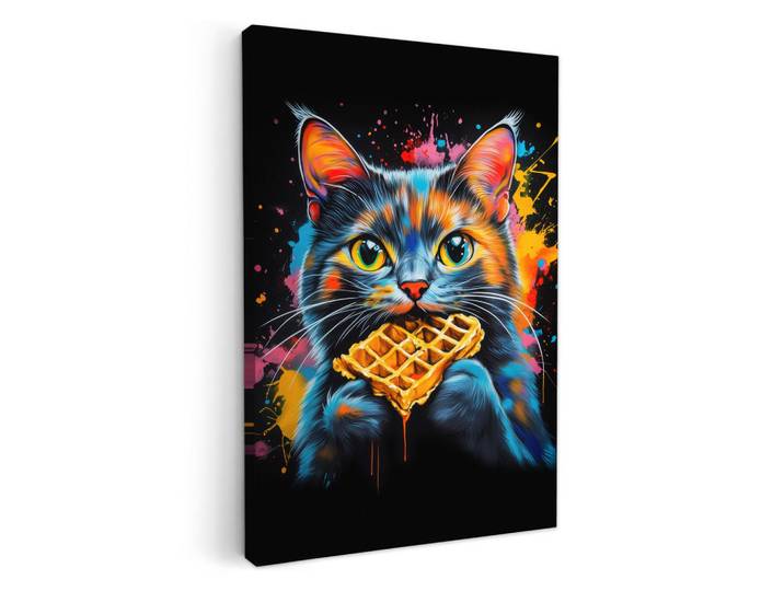 MuchoWow Leinwandbild - Katze - Graffiti - Bunt - Waffel - Essen - 80x120 - Wanddeko, Türkis, Textil, Kiefer, Abstrakt, Rechteckig, 80x120 cm, gerahmt, Bilder & Rahmen, Bilder, Wandbilder