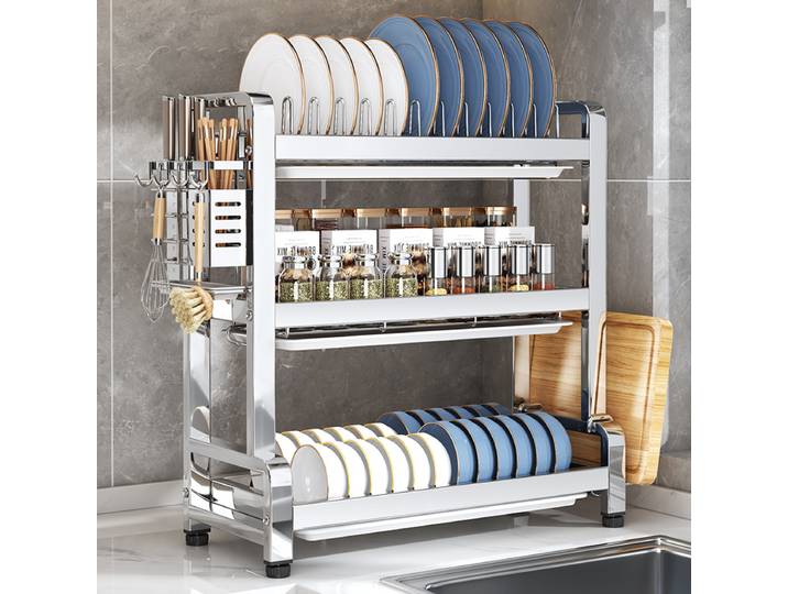 Seau multifonctionnel à 3 niveaux pour séchage de la vaisselle, égouttoir de cuisine, égouttoir de proximité, vaisselle T1, évaluation avec porte-ustensile