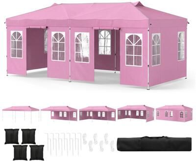 Costway 10 x 20 FT Pop Up Canopy Tent with 6 Sidewalls and Adjustable Height-Pink