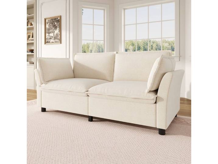 Canapé 2 places moderne - Beige - Tissu chenille doux - Dimensions 155x81x87 cm - Coussins épais et doux