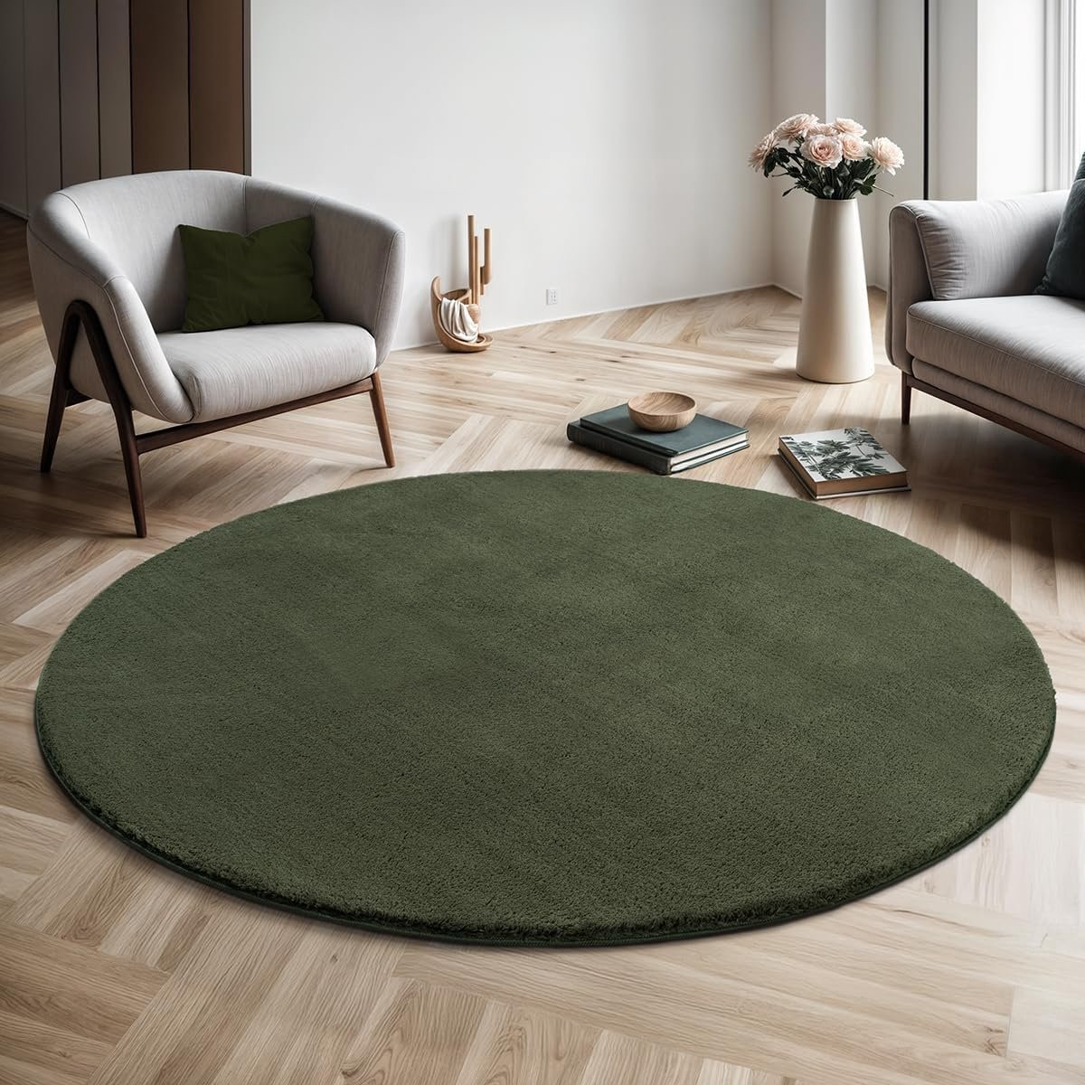 The Carpet Relax Modern Fluffy Vloerkleed - Rond, Groen, Diameter: 200 cm