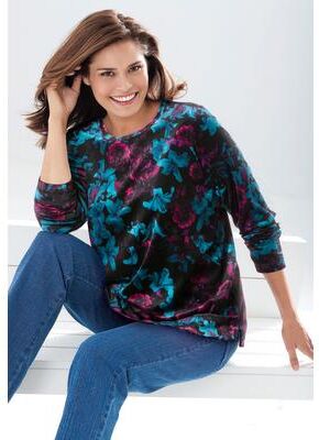 Plus Size Women's Plush Velour Tunic Sweatshirt by Woman Within in Black Teal Lilies (Size 1X)