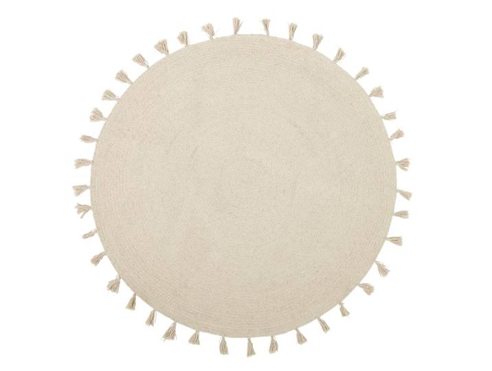 Runder Baumwollteppich, ecrufarben mit Pompons D100