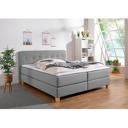 Boxspringbett HOME AFFAIRE "Fargo", grau (hellgrau), B:213cm L:207cm, Struktur fein (100% Polyester);Samtstoff (100% Polyester), Komplettbetten, Boxspringbett, inkl. Topper, in 3 Matratzenarten, in Samt- oder Strukturstoff