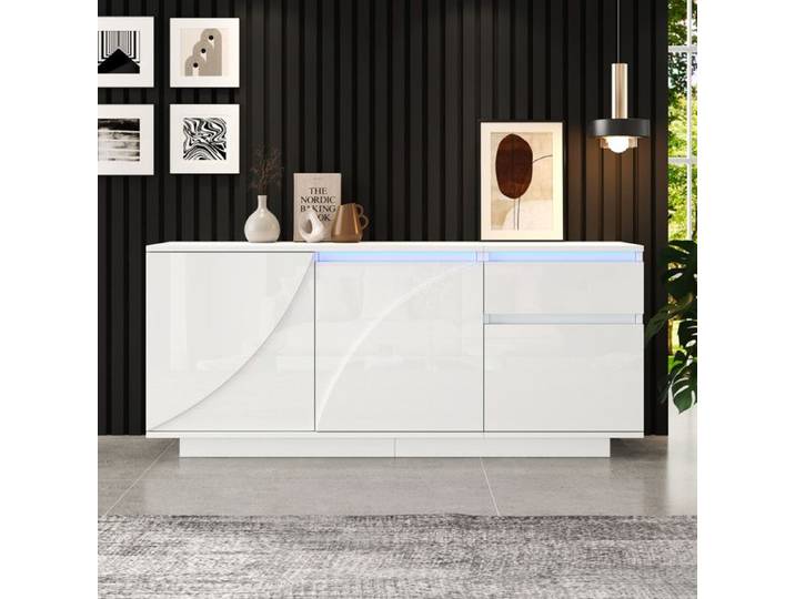 URBAN MEUBLE Buffet moderne blanc brillant motif géométrique 3 portes et éclairage LED