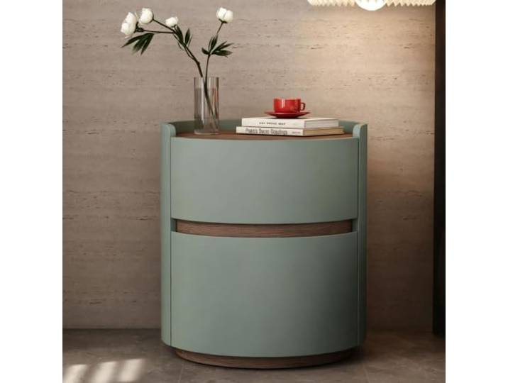 Runder Nachttisch Mit Schublade Kleiner Nachttisch Moderner Stil Leder 2 Schubladen mit verdeckten Griffen Für das Schlafzimmer(Green,40cm/16in)