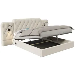 Polsterbett 160x200 cm mit hydraulischem Stauraum und Leselampen – Beige, elegantes Design, USB-Anschlüsse, Lattenrost inklusive