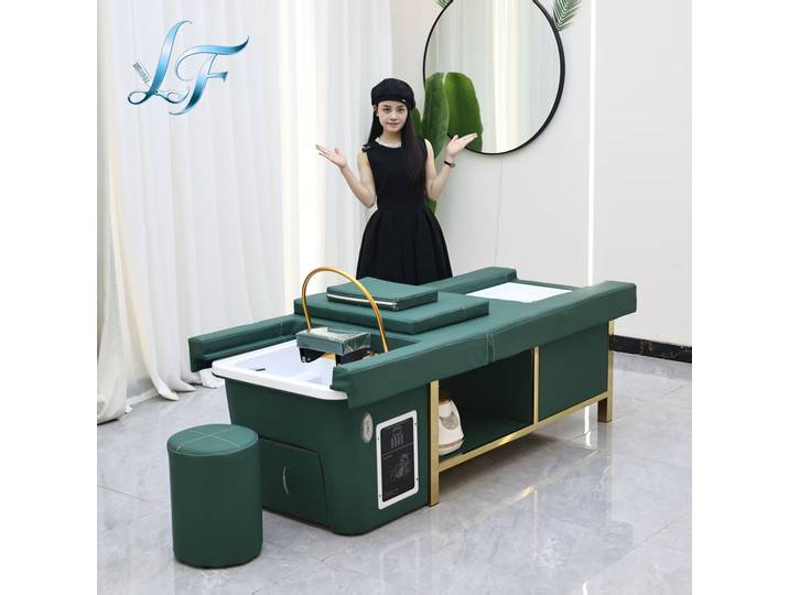 Table de massage thaïlandaise au design moderne, lit de lavage électrique, équipement de spa capillaire, lit de lavage inclinable pour salon de coiffure avec lavabo en céramique et repose-pieds