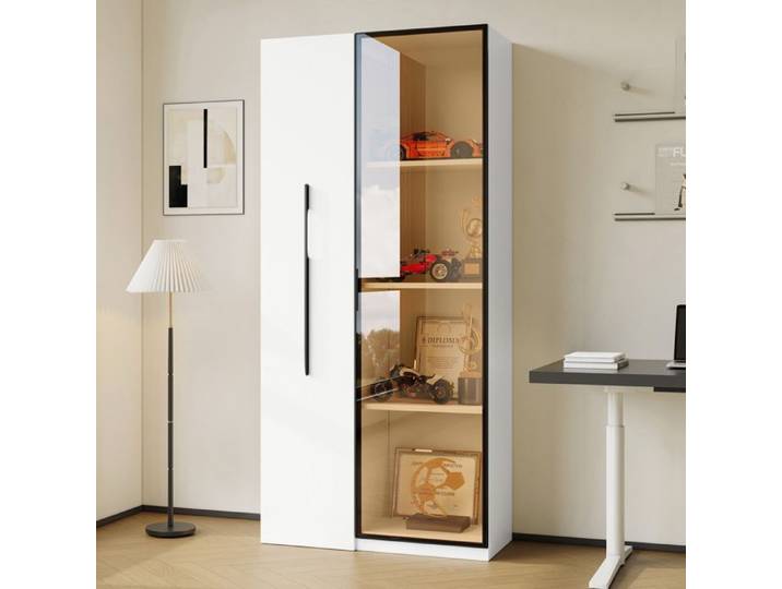 meuble rangement vitrine bibliothèque coulissante LED verre trempé cadre aluminium blanc 70x40x160 cm ORVRYN