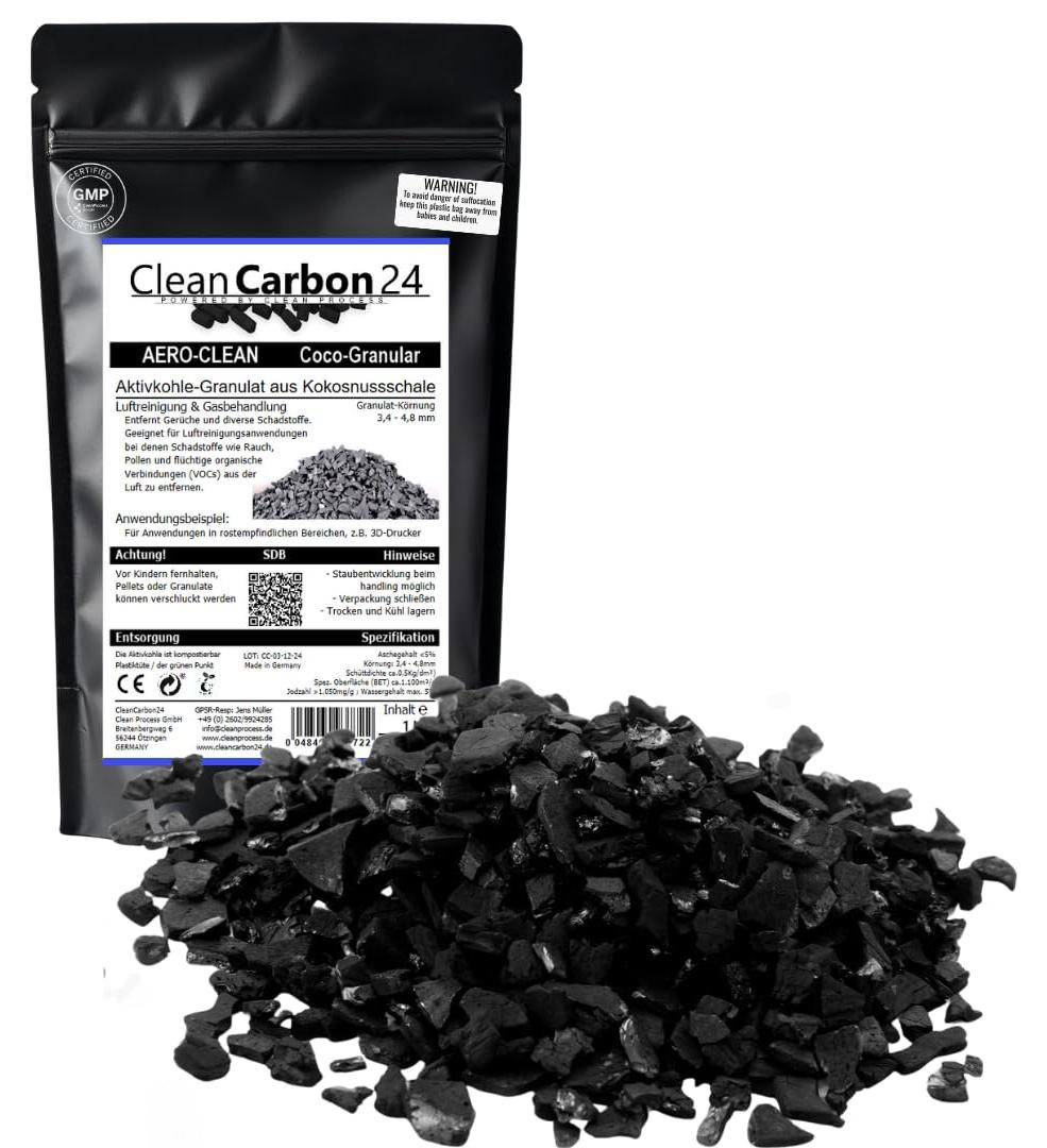 Clean Process GmbH Actieve kool korrels voor luchtzuivering, kokosnotenschalen, 1 liter