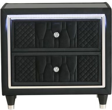 Benjara Maren Nightstand with 2 LED Drawers, USB Port, Black Velvet 28 Inch