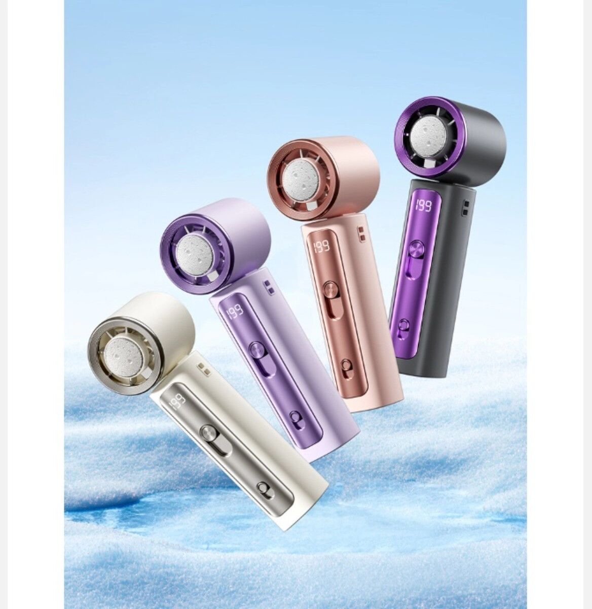 INF Handgehaltener Mini-Ventilator mit Halbleiter-Eiskühlung, USB wiederaufladbar, 199 Geschwindigkeitsstufen, LED-Anzeige Violett