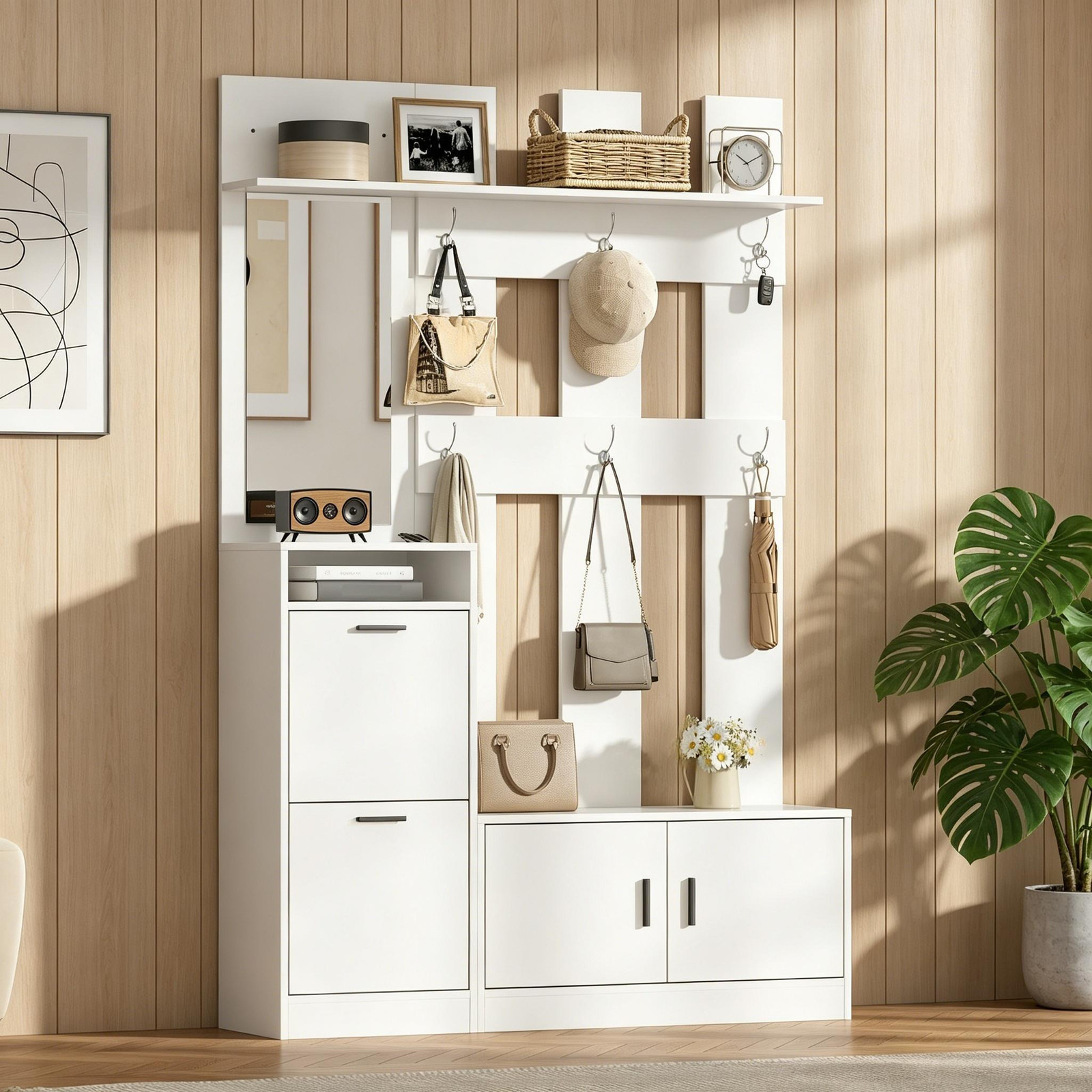 STILVORA Multifunctionele Garderobe voor de Hal met Schoenenkast, Spiegel en Kledinghaken, Wit