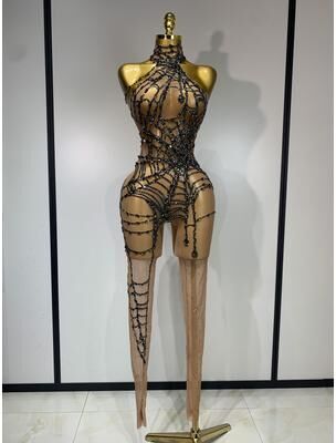 Fashion Sheath Sparkly Diamond Jumpsuit Sexy Mesh Stage Performance Costume khaki l