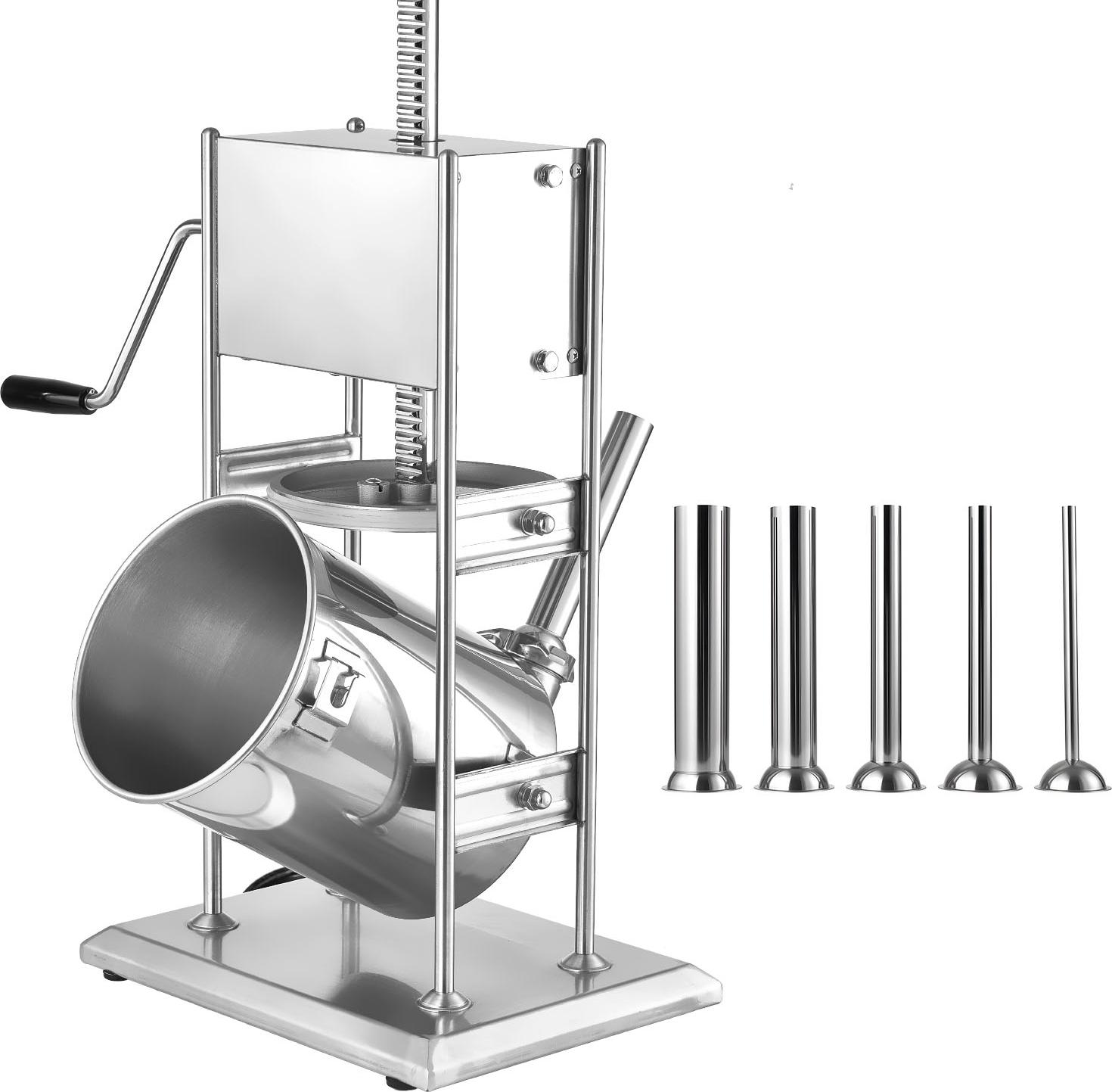 manueller Wurstfüller 10 L vertikale Wurstfüllmaschine Fleischfüller mit 2 Geschwindigkeiten (schnell / langsam), Hochleistungsfüller aus Edelstahl mit 5 Wurstfüllrohren, Fleischfüllen