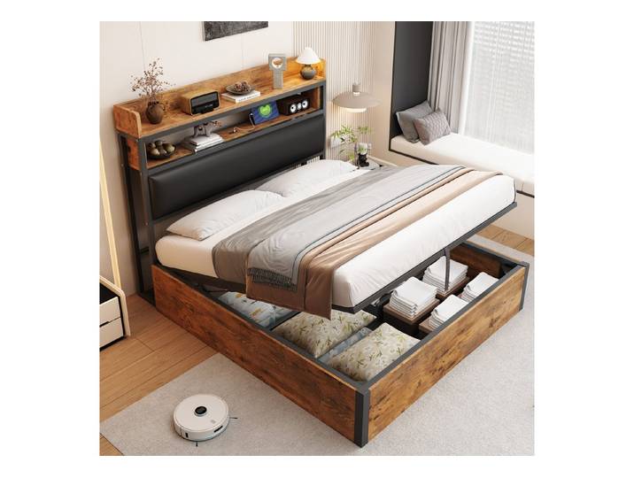 REDOM Polsterbett Hydraulikbett mit USB & Stauraum, Polsterbett Metall-Holz (Stauraumbett für Paare, Apartments & moderne Schlafzimmer, 140x200 cm), ohne Matratze