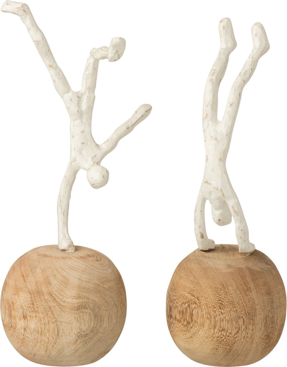 J-Line Decoratie Figuur Op Handen - Polyresin en Hout - Naturel/Wit - 2 stuks