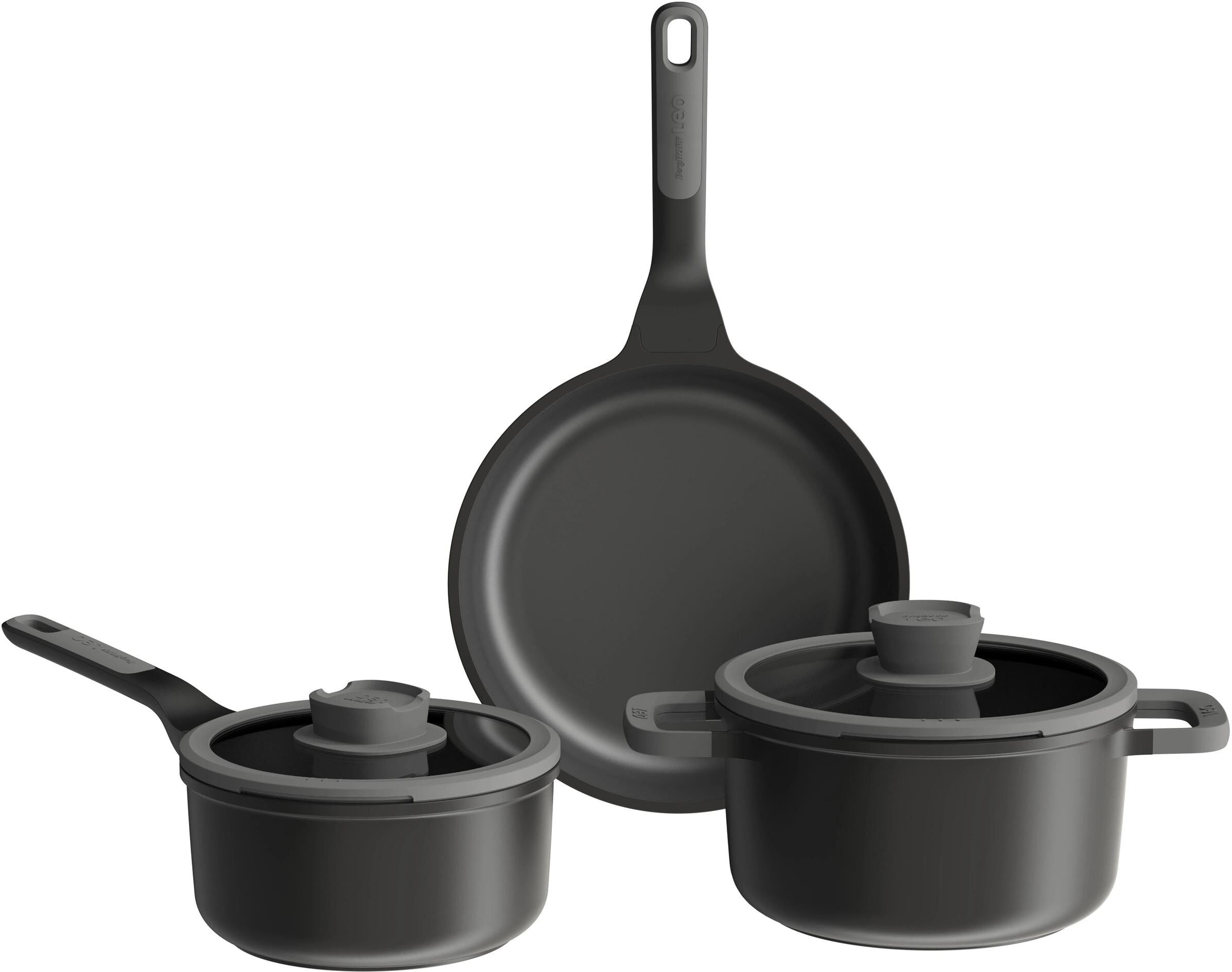 Pfannen-Set BERGHOFF "Leo Stone+ 5-teilig 18 cm/20 cm/24 cm", grau (schwarz), Pfannen, Pfannen-Set schwarz Einheitsgröße