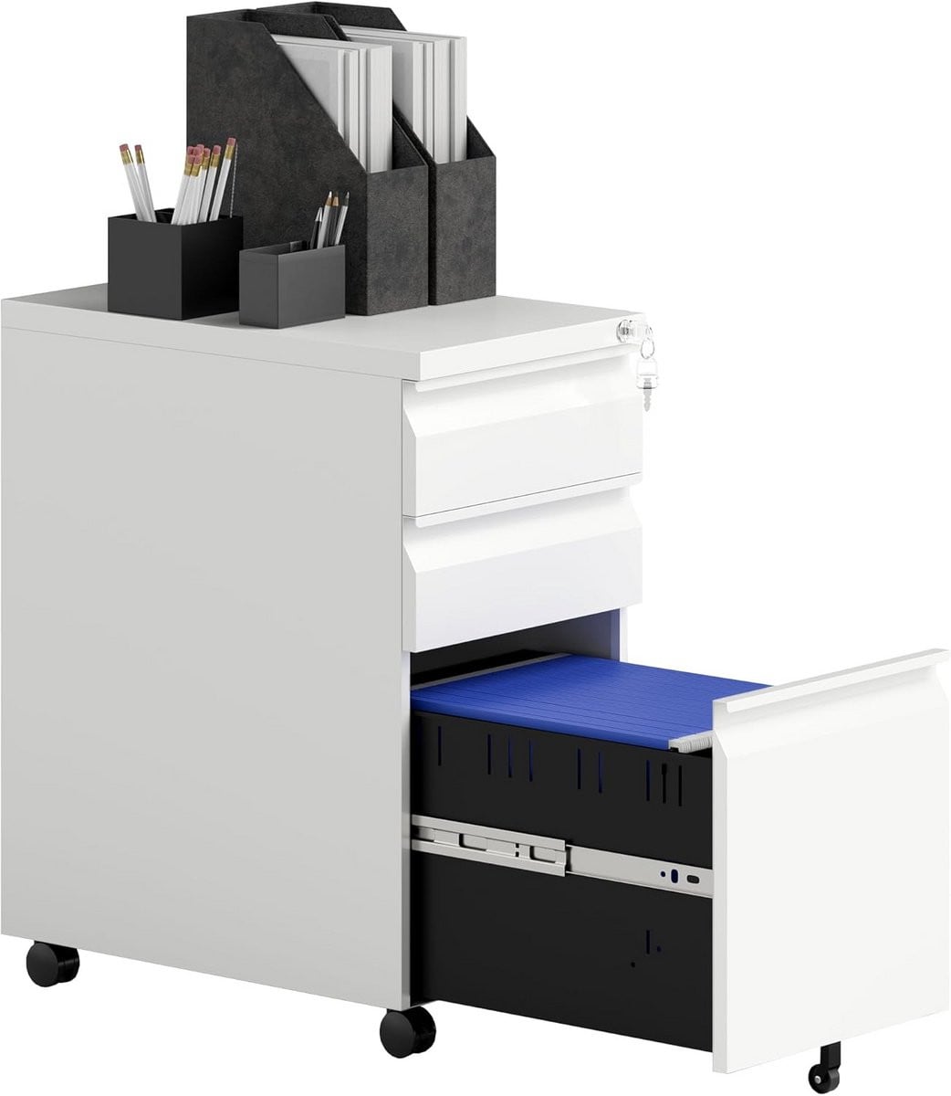Mobiele Archiefkast met 3 Lades en Slot - Stalen Ladekast op Wielen voor A4 & Letterformaat