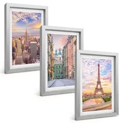 BILDER SET 3er Set - 20x30 cm Silberner Rahmen - Städte New York Paris Dämmerung