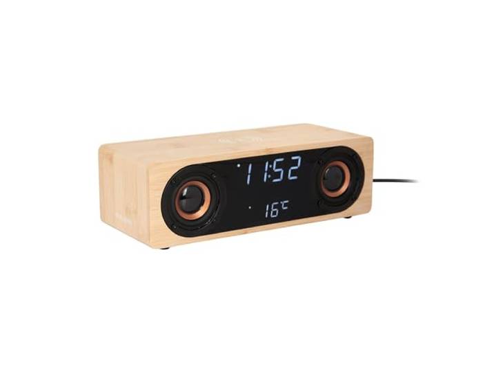 Karlsson Bluetooth Lautsprecher Funkwecker mit LED-Display und kabellosem Laden (Bambus)