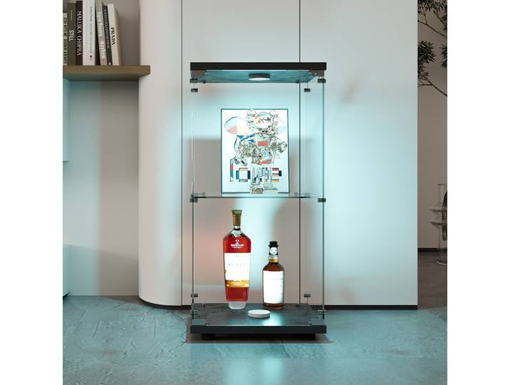 Vitrine en verre, vitrine sur pied, vitrine transparente en verre avec 3 niveaux et 1 porte, vitrine en verre trempé pour salon, chambre à coucher