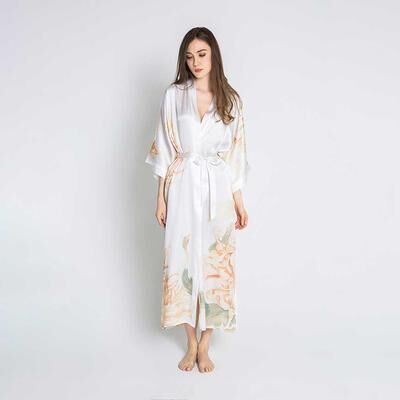 KIM + ONO Kiku Long Silk Kimono Robe   Full Length Kimono Robe - white / one size