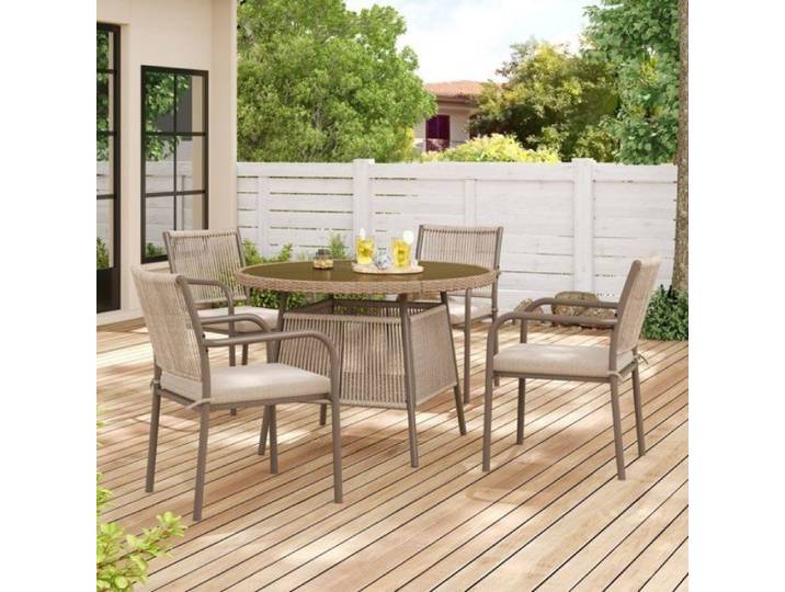 Salon de Jardin extérieur en rotin 4 Places Table et chaises de Jardin extérieur avec Table Ronde en Verre