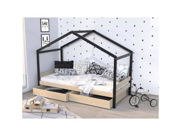 Lit cabane enfant avec tiroirs - WEBER ETOILE - Bois pin massif - Naturel et noir