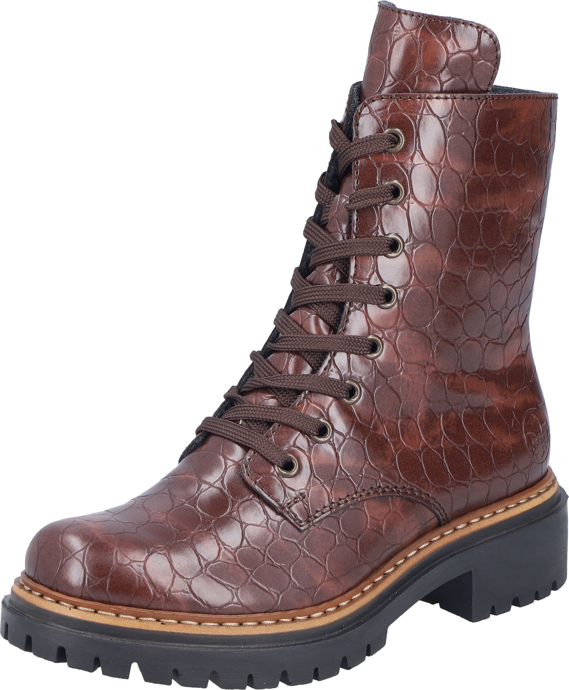 Schnürboots RIEKER, Damen, Gr. 38, Textil, braun (dunkelbraun), Lederimitat, Schuhe Schnürboots, Schnürstiefelette, Profilsohle, in veganer Verarbeitung dunkelbraun 38, Textil