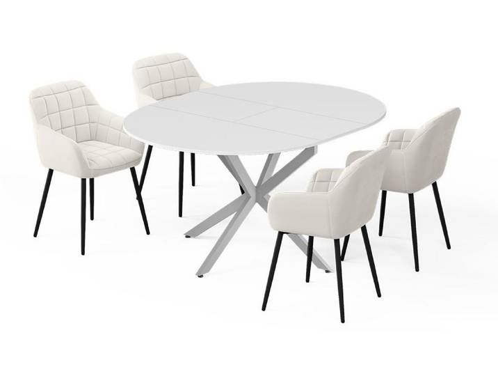 Esstisch-Set Vicco Loyd Weiß/Grau 120 x 120 cm mit 4 Esszimmerstühlen (Beige), Model 62780