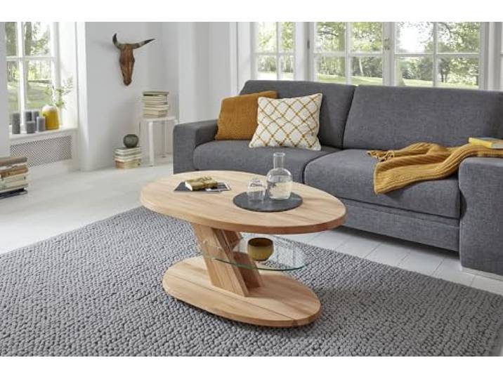 designimpex Vierhaus Couchtisch Kernbuche geölt Massivholz Glas Höhenverstellbar Rollen 4328-KBUX
