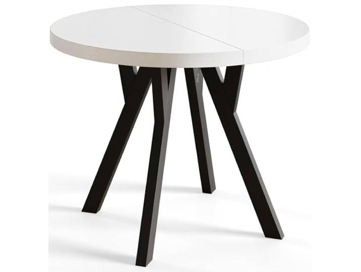 Esstisch Ausziehbar Ovo, 80-130cm, Stabile Beine, Weiß Runder Tisch, Moderner Design, Wohnzimmertisch und Küchentisch, Stabile Konstruktion, Schwarze Beine