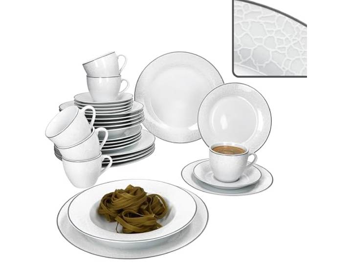 MamboCat Venedig 30tlg Kombiservice I weißes Porzellan Geschirr I 6 Personen I je 6x Tassen, Untertassen, Kuchen-, Suppen- & Speiseteller I Relief in Kieselstein-Optik