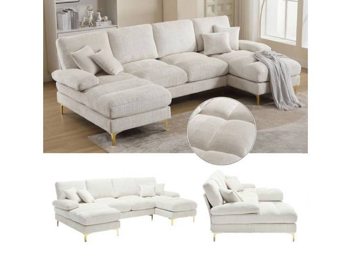 Canapé en U Luxe - 5-6 Personnes - 2 Sièges Inclinables - Tissu Chenille - Pieds en Métal 15cm