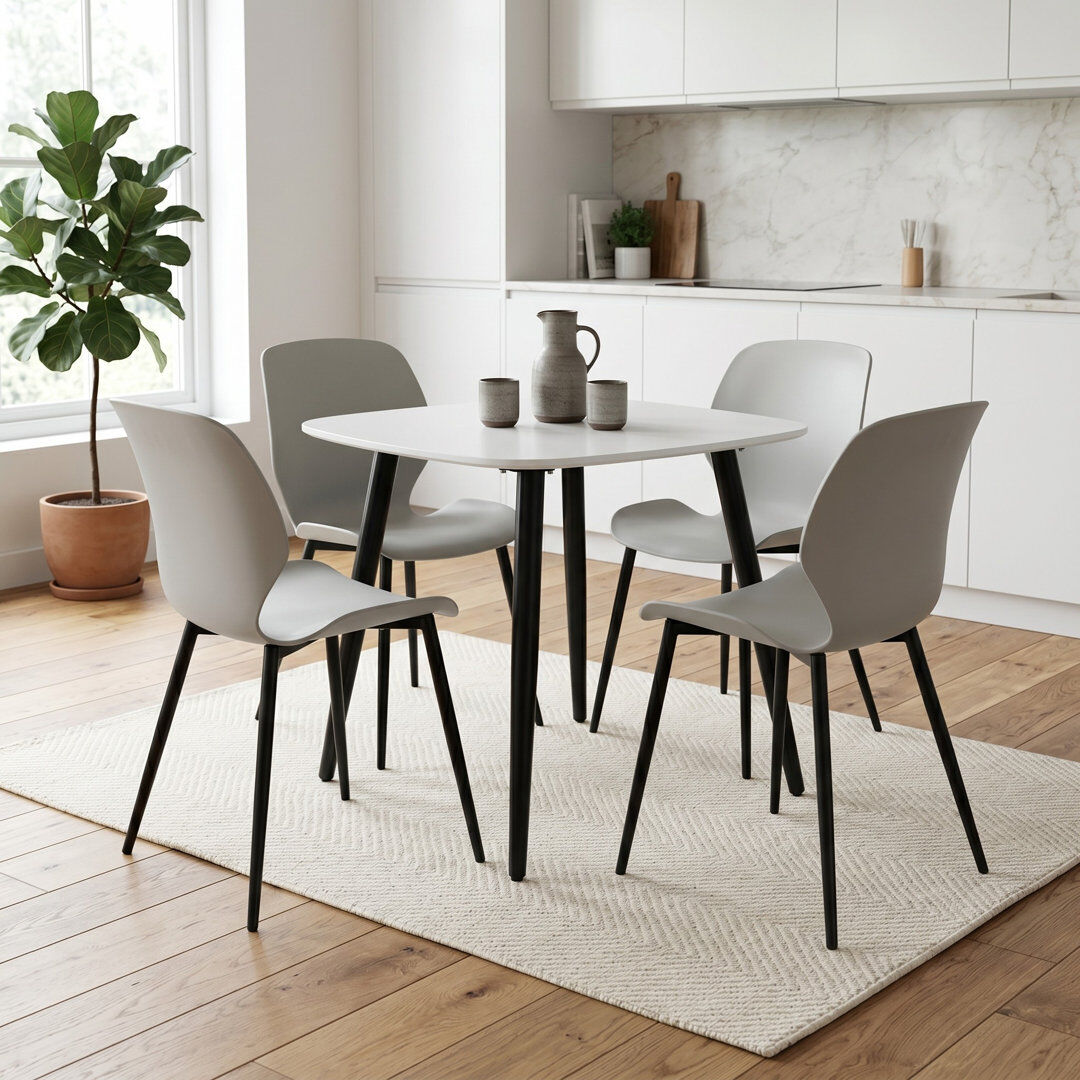 George Oliver Westhope 5-Piece Dining Set, Square Table & Four Plastic Chairs Grey/White
