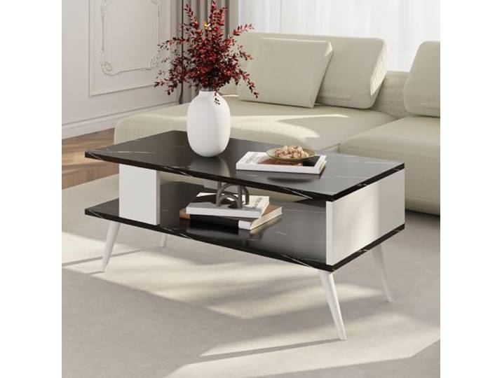 [en.casa] Couchtisch Lycksele Beistelltisch Wohnzimmertisch mit Stauraum rechteckig Schwarze Marmor-Optik Weiß mit unterer Ablage Sofatisch